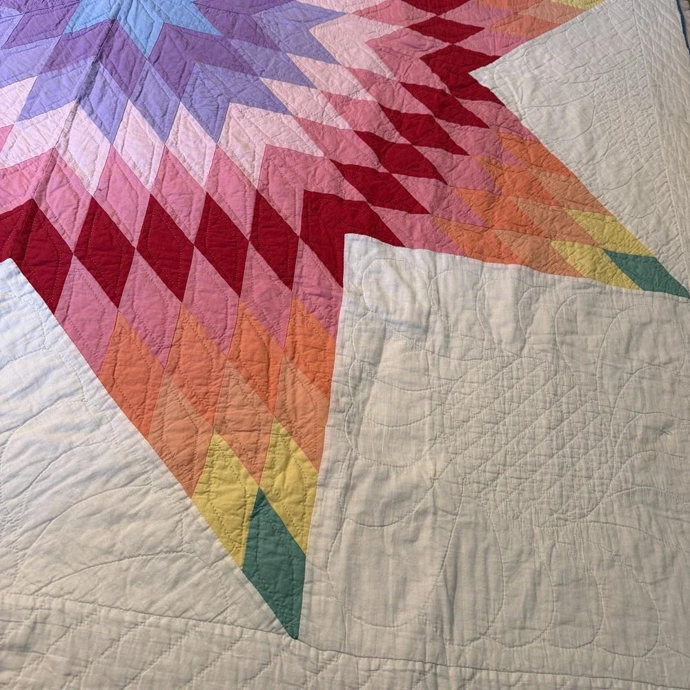 Vintage Hand-Stitched 8 Point‎ Blazing Lone Star Quilt Rainbow Depression Era
